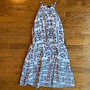 Aqua high neck blue and white floral dress, medium